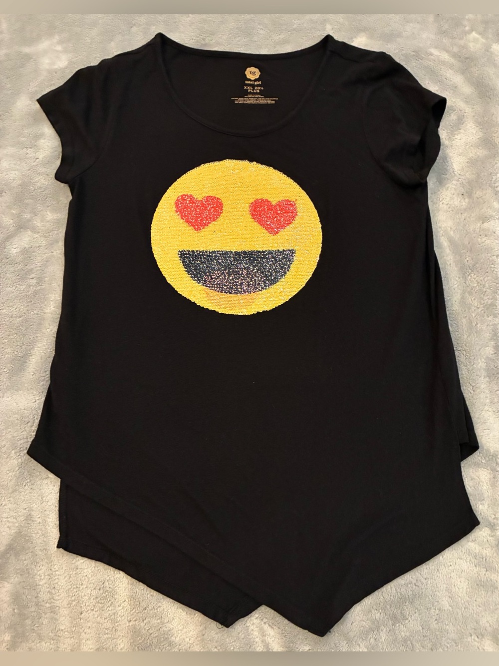 Girls Total Girl Brand Black Tee Emoji Sequin Design Size XXL 20 1/2 Plus